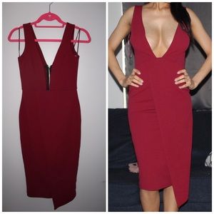 Plunging neck asymmetrical hem dress